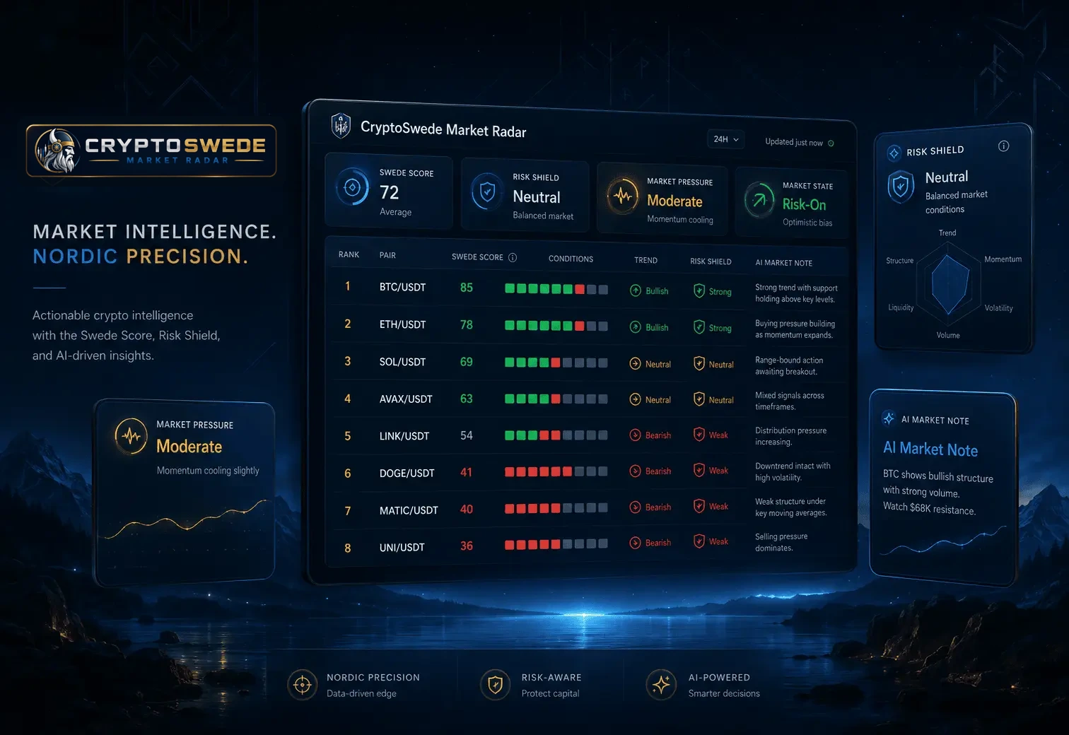 CryptoSwede Market Radar hero image showing a premium Nordic crypto intelligence dashboard interface.
